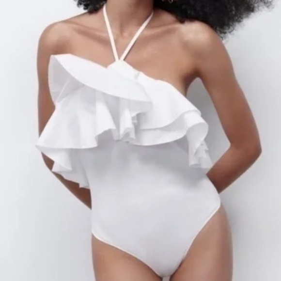 Zara NWT white ruffled rib bodysuit corset Sz L stretchy - Picture 1 of 9